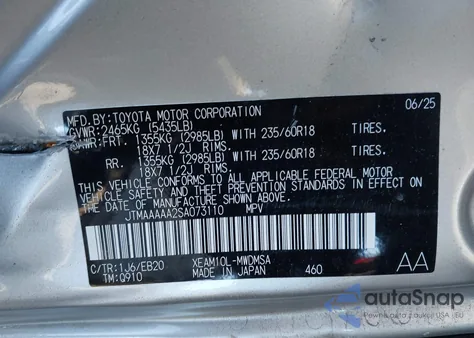 2025 Toyota Bz4X Xle z USA, uszkodzony, nr VIN JTMAAAAA2SA073110